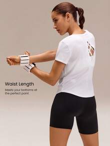 GLOWMODE Áo thun cổ tròn dài đến eo, dáng regular fit, chống nắng, đường may dọc, lưng hở, thích hợp cho tập luyện, chạy bộ, thể dục, tập gym, hoạt động thể thao. - trắng - Xem 3