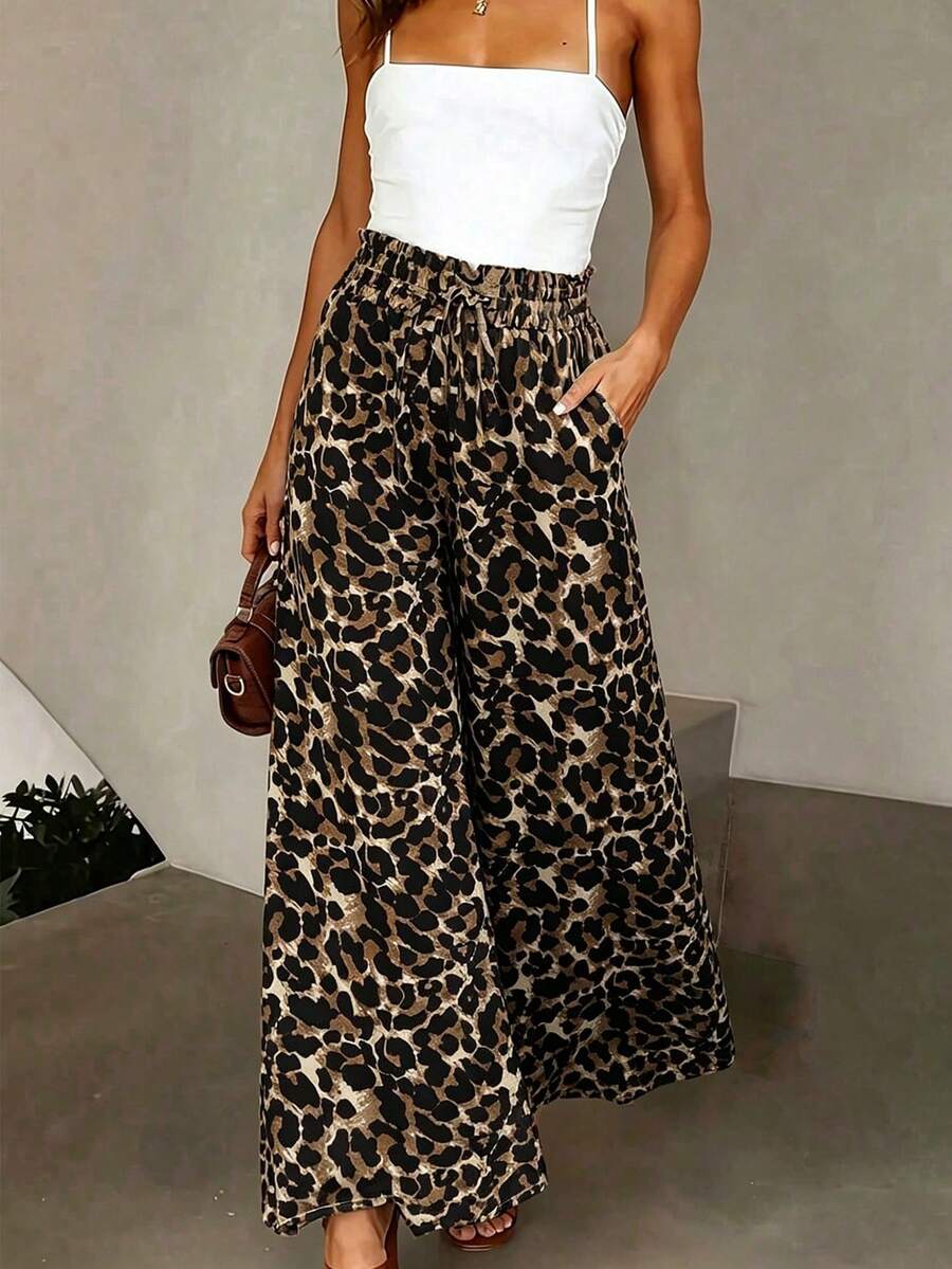 Breezaya Pantalones de pierna ancha con cintura elástica y nudo, con estampado de leopardo, para mujer, nuevo para el verano - Marrón - Ver 1