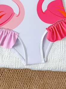 SHEIN 女婴可爱火烈鸟印花蝴蝶结装饰连体泳衣 - 白色 - 查看 5
