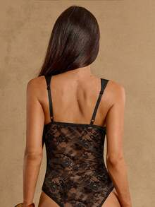 SHEIN BAE 女士黑色蕾丝透视性感连体衣 - 黑色 - 查看 2