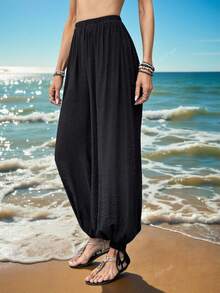 Swim Vcay Quần ống loe harem màu trơn dành cho nữ mùa hè, cạp chun, có nơ trang trí, quần ống rộng dáng suông thoải mái, quần phong cách boho cho nữ, quần rộng cho nữ, quần hè cho nữ, quần nữ thanh lịch, quần nữ lễ Phục Sinh, quần đen cho nữ, quần nữ thường ngày, quần nữ đi nghỉ mát, quần nữ phong cách đồng quê, quần nữ màu trơn, quần thể thao, quần ống loe, trang phục lễ hội, quần hè cho nữ. - màu đen - Xem 4