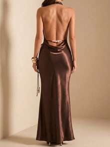 SHEIN BAE Satin High Neck Backless Mermaid Hem Pearl Chain Decor Elegant Dress, Brown Dress,Summer Dresses For Women - Brown - View 5