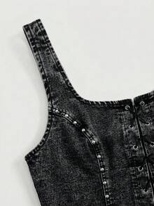 SHEIN MOD Plus Size Women's Summer Dark Blue Washed Denim Crop Top,Sleeveless Criss-Cross Rivet Punk Rock Sequin Black Tops,Night Out Club Rave Outfits - Dark Grey - View 5