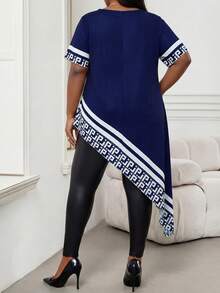 SHEIN Lady Abito asimmetrico taglie forti con orlo asimmetrico, maniche corte, stampa, blu navy, top casual estivo da giorno per donna - Blu Navy - Visualizzare 2