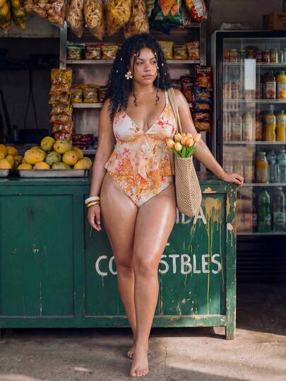 Swim Vcay 2026 New Plus Size Slimming One-Piece Swimsuit | Cream Apricot Base With Ditsy Floral, Flattering | Deep V-Neck Crossover Bust Design Lifts And Supports | Ruffle Hem Skirt Conceals Tummy And Hips For Slimmer Look | High Elasticity Conforms To Body, Shapes Waist And Abdomen | Suitable For Beach, Pool, Hot Spring Vacation Halter Bikini