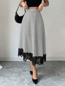 Modelyn Black & White Striped Ruffle Hem Asymmetric Hem Versatile Draping Women's Elegant Skirt - Black and White - View 7