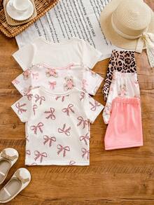 SHEIN 6pcs/Set Baby Girls Toddler Newborn 0-3Y Spring Summer New Cute Bunny Solid & Striped T-Shirt Shorts Outfit Set - Multicolor - View 2