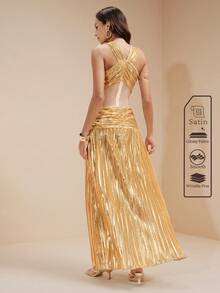 SHEIN Unity Women's White Summer Seductive Sexy Tropical Cocktail Maxi Dress Deep V Neck Cross Twist Cutout Metallic Satin Pleated Elegant Luxury Evening Party - Yellow - View 4