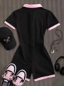 Brown & White Contrast Color Polo Collar Romper, Retro College Style Snug Fit Fit, Suitable For Daily Wear And Dates - Black - View 2