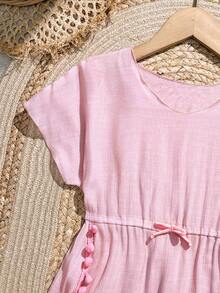 SHEIN Đầm voan tay ngắn cổ chữ V, trang trí nơ, kiểu dáng thường ngày, thích hợp cho bé gái tuổi teen, thích hợp đi nghỉ mát. - Hồng - Xem 3
