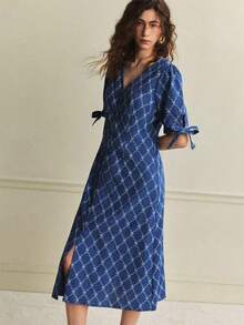 Écloséra 法式连衣裙、通勤连衣裙、优雅连衣裙、V领连衣裙、印花连衣裙、格子连衣裙、开衩连衣裙、系带连衣裙、春夏连衣裙、女士连衣裙 - 深色水洗藍 - 查看 3