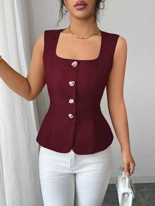 Rafferiza Áo camisole nữ màu đỏ tía, thời trang, thanh lịch, đa năng, thắt eo, cài sau, cổ vuông, khóa kim loại trang trí, thích hợp cho mùa xuân/hè. - Màu Đỏ Sâu - Xem 8