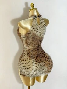 BamGleam Women's Leopard Print Side Slit Hem Sexy Bodycon Halter Dress - Brown - View 7