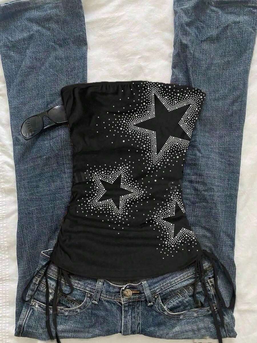 SHEIN EZwear 女士休闲派对五芒星亮片抽绳系带露脐上衣 - 彩色 - 查看 1
