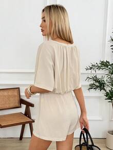 Easowa Combinaison femme col rond couleur unie, manches courtes, taille nouée - Blanc - Voir 2