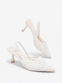 Women's 7cm High Heel Mesh Floral Sandals, Black Pointed Toe Kitten Heel Elastic Strap Sandals, Fairy Style - White - View 8