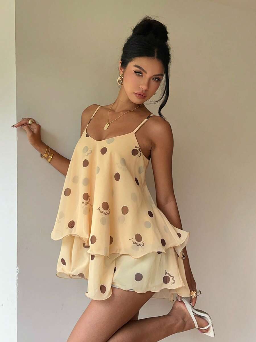 Siren Gaze Women's Layered Ruffle Hem Chiffon Camisole, Elegant Date Night Top For Summer,Summer Top - Light Yellow - View 1