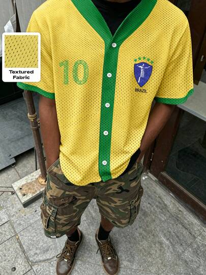 ROMWE MEN Prep Men's Contrast Color V-Neck Drop Shoulder Short Sleeve Casual Summer Shirt