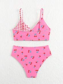 SHEIN Set de 2 piezas Tankini de traje de baño para adolescentes con estampado de cuadros y cerezas, de tela elástica y de secado rápido, cómoda, adecuada para playa, piscina, surf, vacaciones y viajes de verano - Multicolor - Ver 2
