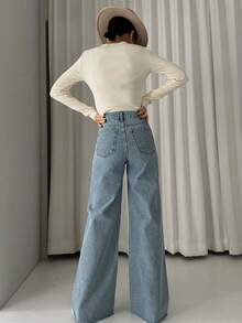 DAZY Women's Solid Color Wide Leg Long Denim Jeans, Suitable For Long Legs - Medium Wash - View 2