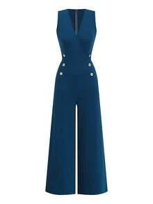 SHEIN Ellevyn V-Neck Metal Buckle Jumpsuit, Elegant Commuter Style, Graceful And Dignified V-Neck Jumpsuit Ladies Jumpsuit Suit Elegant Outfit For Women Sleeveless Jumpsuit Women's Jumpsuit Zoey Outfit Zanea Dress For Woman Elegant Dress Yrack Suits For Ladies - Teal Blue - View 3