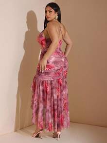 SHEIN BAE 大码女式修身网纱连衣裙，深V领设计，高开衩，印花图案，性感优雅的海滩度假连衣裙，春夏/夏装，波西米亚风，正式场合，秋季女装，返校季，Y2K风格女装，夜店/外出，约会装，机场旅行装。 - 粉色 - 查看 2