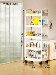 Carrito de almacenamiento de tres niveles con barandillas - Un estante de almacenamiento de pie multifuncional adecuado para cocinas y baños, con un estante escurridor móvil, ideal para el regreso a la escuela, hecho de plástico, no apto para artículos pesados. - Multicolor - Ver 9