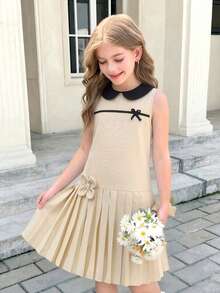 SHEIN Girls' Elegant Colorblock Ruffle Bow Decor Textured Fabric Dress,Beige,Summer,School,Back-To-School Pleated Skirt For Graduation Tea Party Events - Khaki - View 3