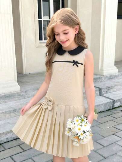 SHEIN Girls' Elegant Colorblock Ruffle Bow Decor Textured Fabric Dress, Suitable For Daily Outings, Gatherings And Events, Khaki Pleated Skirt, Spring/Summer