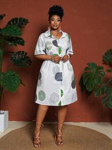 Maweii Plus Size Women Circular Print Casual Elegant Pleated Bust Short Sleeve Open Front A-Line Dress Vacation White Summer - Multicolor - View 5