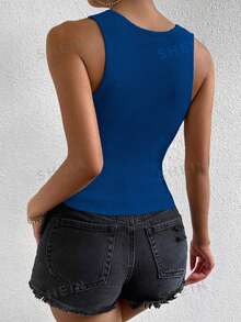 SHEIN Unity Women's Simple Solid Color Notched Neck Fitted Ribbed Knit Top, Summer Golf Pastal Sexy - Royal Blue - View 2