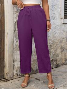 SHEIN LUNE CURVE Plus Size Casual Cotton Linen Patchwork Embroidered Floral Hem Pants - Purple - View 6