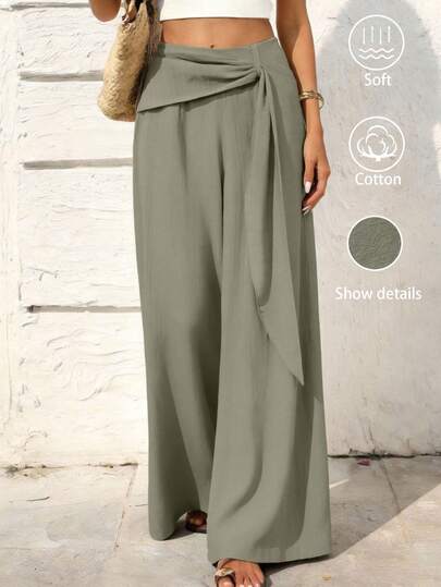 SHEIN Holidaya Women's Solid Color Pleated Waist Wide Leg Loose Pants
