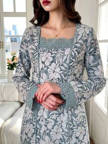 Al Najma Women's Elegant Floral Print Square Collar Contrast Lace Arabic Style Dress - Dark Green - View 2