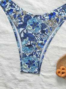 Swim Vcay Women's Tropical Print Halter Bikini Set With Metal Decor, Casual Vacation Bikini Set - Multicolor - View 4