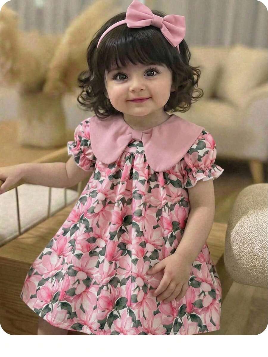 SHEIN Đầm mềm mại và dễ thương cho bé gái, đầm in hoa dáng rộng với nơ và tay phồng. - Đỏ - Xem 1
