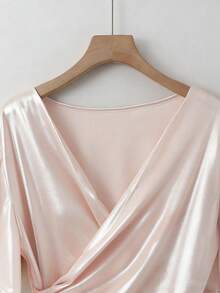 Franclia Blusa de satén elegante, blusa de manga corta, blusa de cuello en V, blusa casual - Rosa - Ver 5