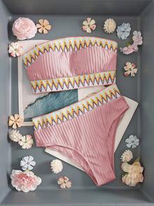 Swim Vcay Set Bikini Bandeau Bergaris Bergelombang Wanita, Kain Spesial, Motif Pita Acak - MultiWarna - View 4