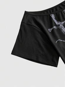 ROMWE Punk Gothic Plus Size Loose One Shoulder T-Shirt With Vintage Print Of Virgin Mary Sword And Thorns - Black - View 4