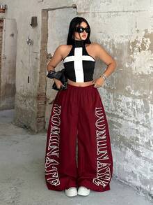 SHEIN POPSWAY TreetHx 弹力腰裤套装，字母印花，女士街头风 - 酒紅色 - 查看 6