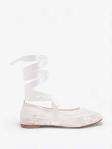 蝴蝶结夏季新款女士平底鞋，舒适透气蕾丝网面平底鞋，时尚休闲温柔优雅芭蕾舞鞋 - 白色 - 查看 4