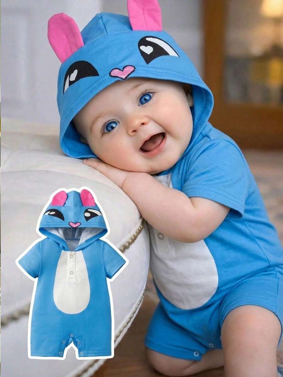 SHEIN 新生儿男/女宝宝可爱夏季卡通图案针织蓝色3D耳朵连帽连体衣 - 藍色 - 查看 1