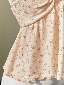 Elamini Yellow Ditsy Floral Hollow V-Neck Cute Sexy Backless Camisole Crop Top, Spring/Summer - Coral Pink - View 5
