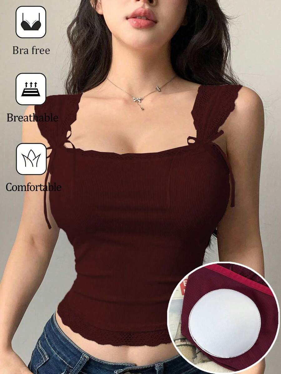 Camiseta ajustada con encaje y cordones, con sujetador acolchado incorporado - Burdeos - Ver 1