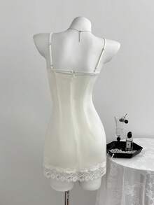 Elamini Women's V-Neck Lace Patchwork Waist Fitted Bodycon Dress - Apricot - View 2