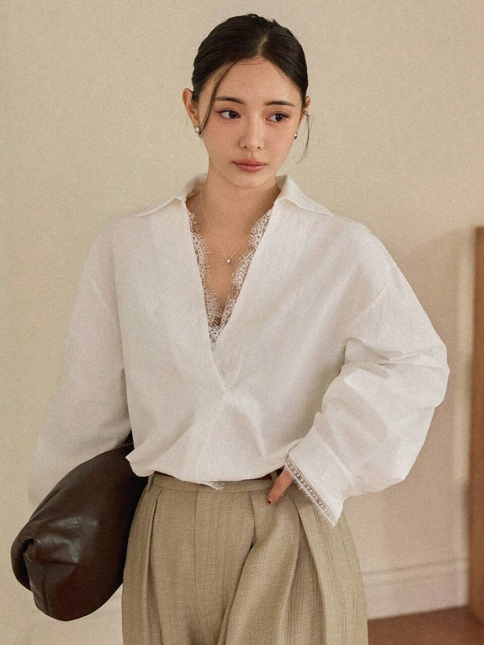 Spring/Summer Lace Patchwork Long Sleeve Elegant Casual Shirt For Women, Suitable For Dates, Weddings, Commuting Business Casual Woman