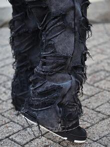 Devon Thys 男士休闲做旧毛边深灰色牛仔裤 - 黑色 - 查看 3