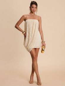 SHEIN BAE Vestido mini elegante con volantes de encaje, para verano - Albaricoque - Ver 4