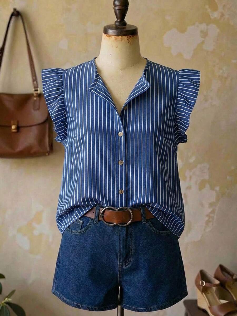 SHEIN LUNE Navy Style Blue Striped Plus Size Women Buttoned Shirt - Multicolor - View 1