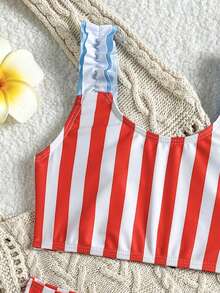 Souflis Souflis 2pcs/Set Young Girl' Red Simple Striped Comfortable Knit Ruffle Swimwear,Bikini Sets For Summer,Beach,Family Vacation,Independence Day Bathing Suit - Multicolor - View 3
